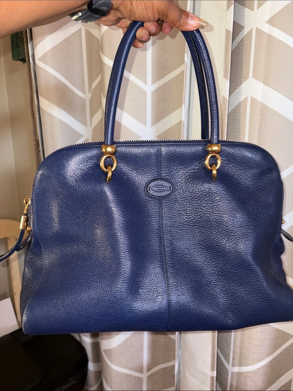 TODS Classic Navy Leather Satchel Handbag with Gold Hardware Sella Bauletto